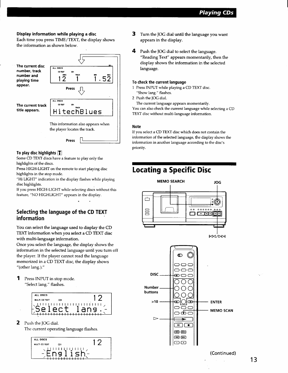Display information while playing a disc, To play disc highlights [x, Selecting the language of the cd text information | To check the current language, Note, Ooo ^ o, 1 a n g, Locating a specific disc, Playing cds | Sony CDP-CX57 User Manual | Page 14 / 33
