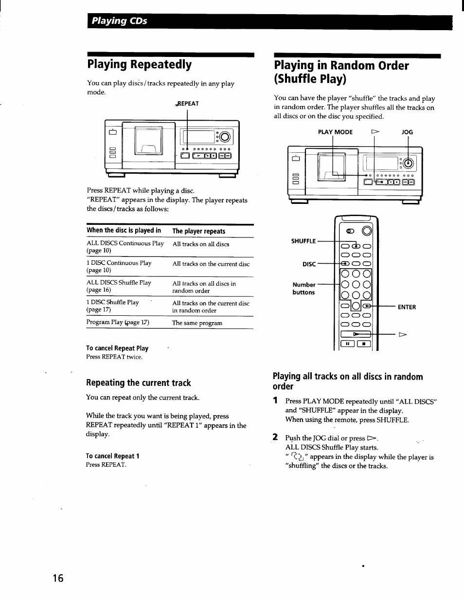 To cancel repeat play, Repeating the current track, To cancel repeat 1 | Playing ail tracks on all discs in random order, Playing repeatedly, Playing in random order (shuffle play), O o o, Playing cds | Sony CDP-CX57 User Manual | Page 17 / 33