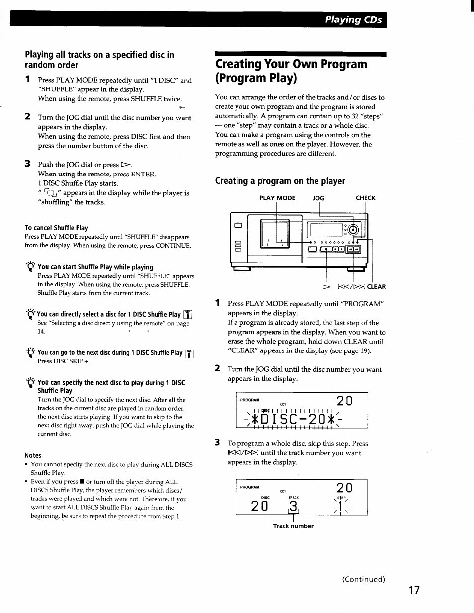 To cancel shuffle play, Q' you can start shuffle play while playing, Notes | Creating a program on the player, Continued), Creating your own program (program play), Playing cds | Sony CDP-CX57 User Manual | Page 18 / 33