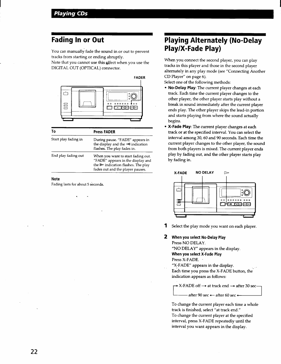 When you select no-delay play, Fading in or out, Playing alternately (no-delay play/x-fade play) | Playing cds | Sony CDP-CX57 User Manual | Page 23 / 33