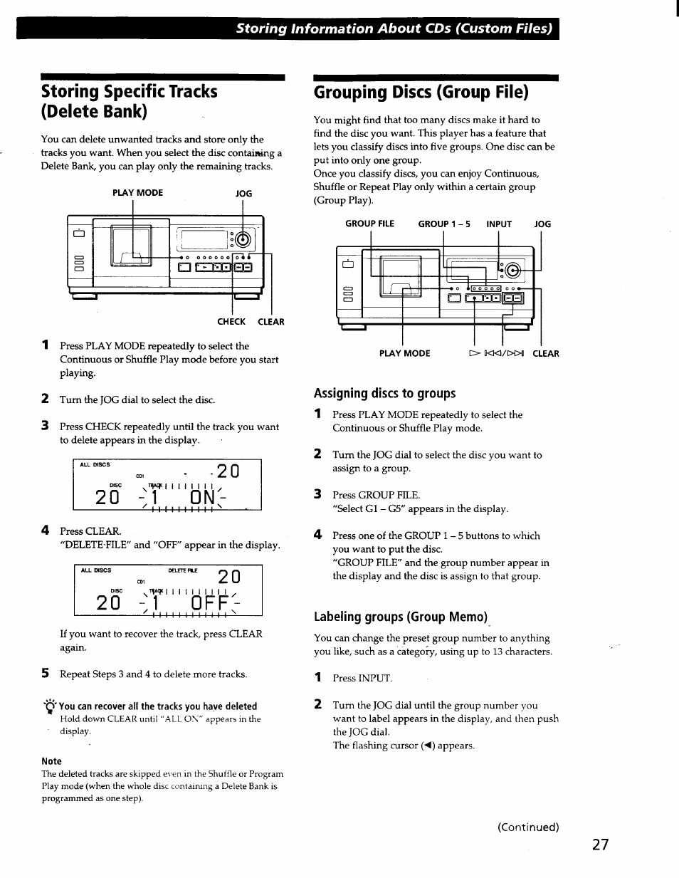 You can recover all the tracks you have deleted, Note, Assigning discs to groups | Labeling groups (group memo), 2 0 - i d n, 2 0 - 1 o f f, Storing specific tracks (delete bank), Grouping discs (group file), Storing information about cds (custom files) | Sony CDP-CX57 User Manual | Page 28 / 33
