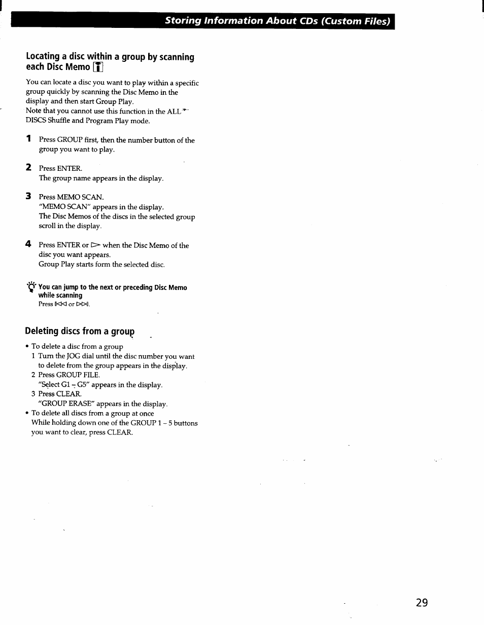 Deleting discs from a group, Storing information about cds (custom files) | Sony CDP-CX57 User Manual | Page 30 / 33
