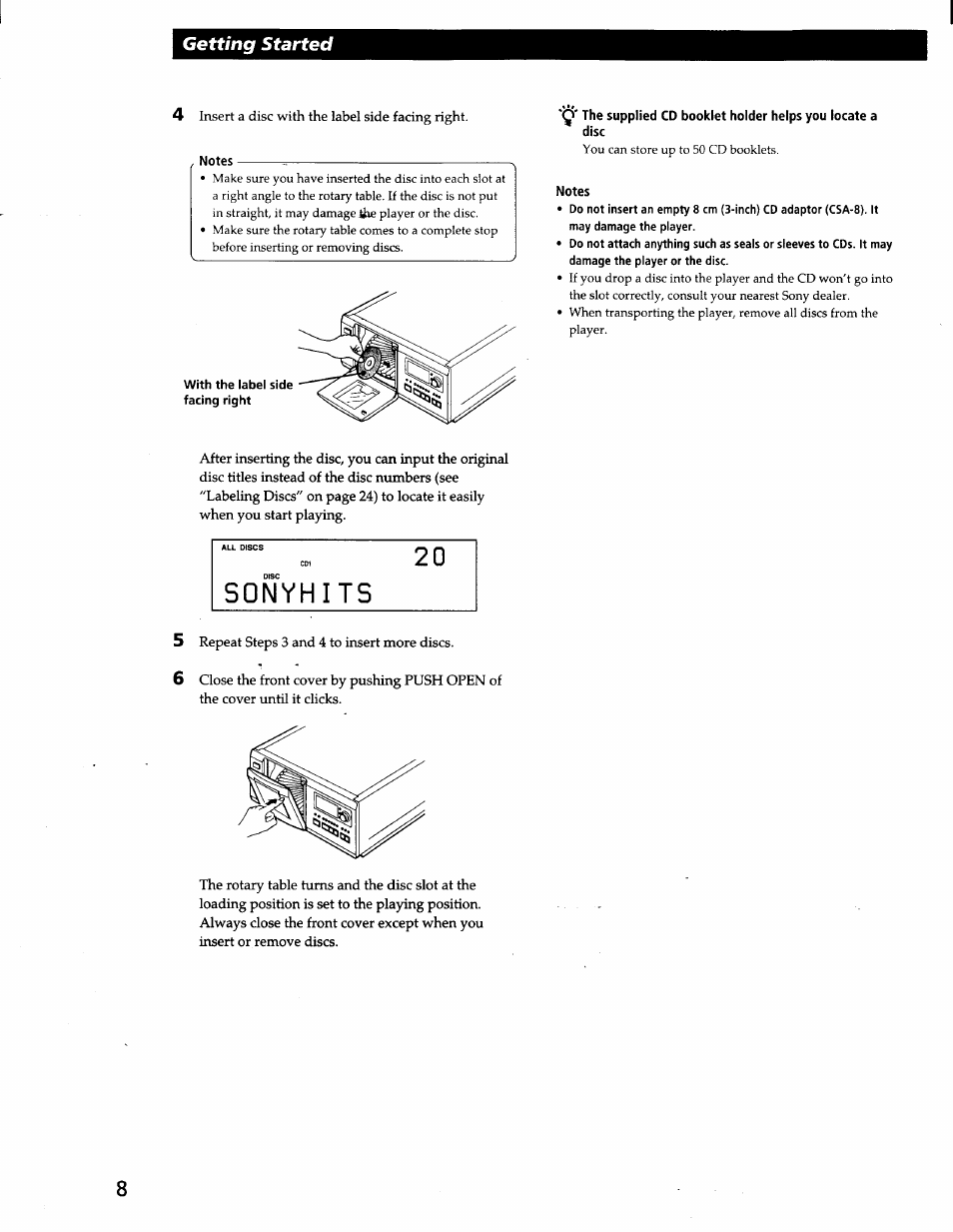 Notes, Getting started | Sony CDP-CX57 User Manual | Page 8 / 33