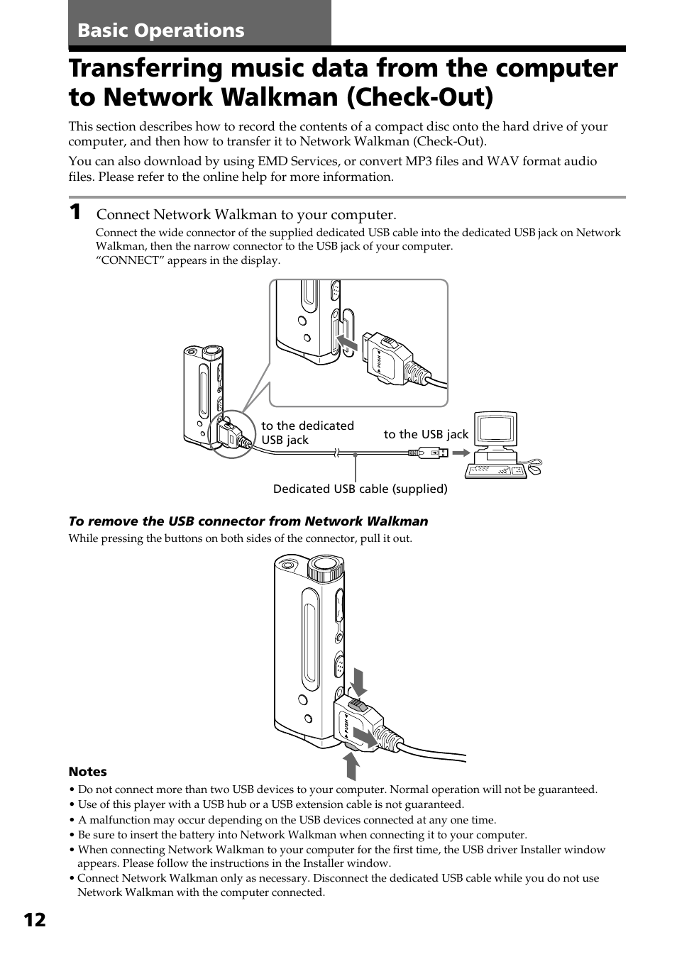 Basic operations, 12 basic operations | Sony NW-E2 User Manual | Page 12 / 36