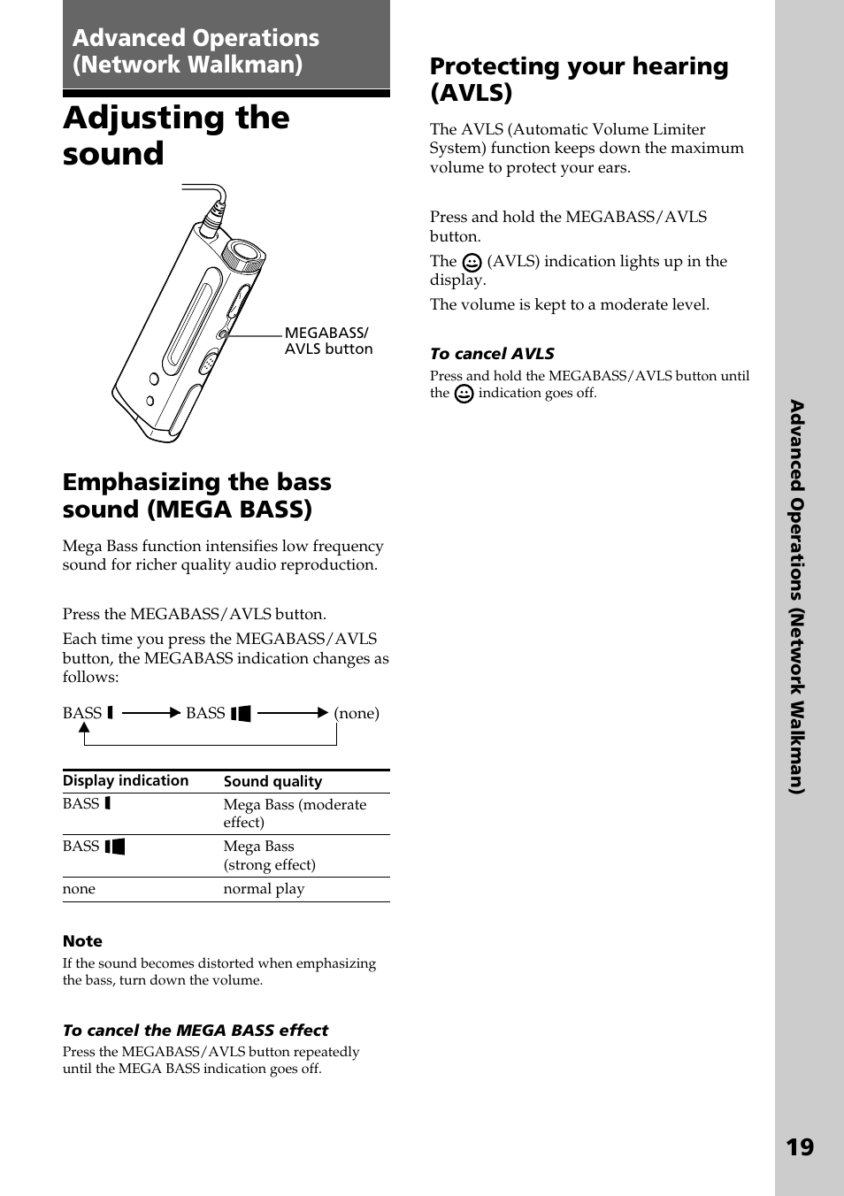 Advanced operations (network walkman), Adjusting the sound, Emphasizing the bass sound (mega bass) | Protecting your hearing (avls) | Sony NW-E2 User Manual | Page 19 / 36