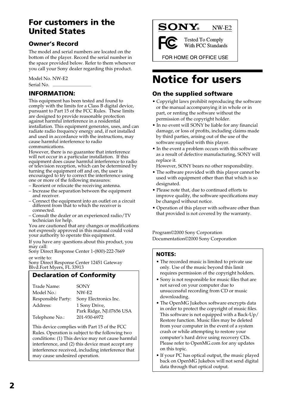 Notice for users, For customers in the united states, On the supplied software | Owner’s record, Information, Declaration of conformity | Sony NW-E2 User Manual | Page 2 / 36