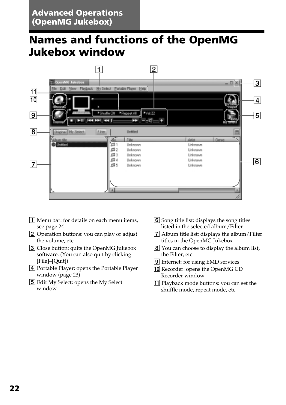 Advanced operations (openmg jukebox), Names and functions of the openmg jukebox window, 22 advanced operations (openmg jukebox) | Sony NW-E2 User Manual | Page 22 / 36