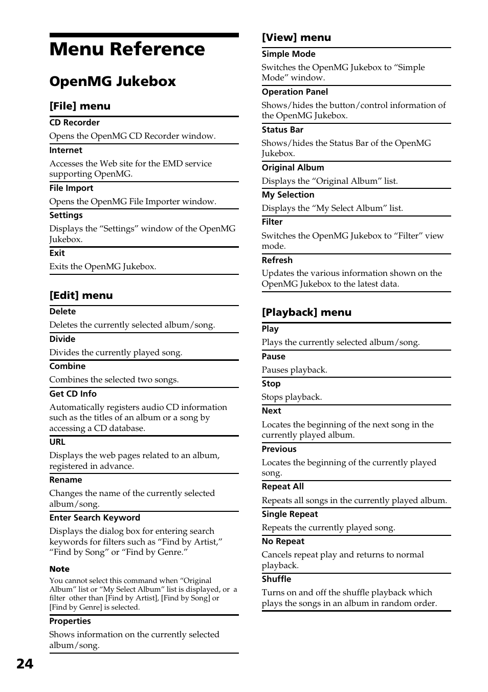 Menu reference, Openmg jukebox | Sony NW-E2 User Manual | Page 24 / 36