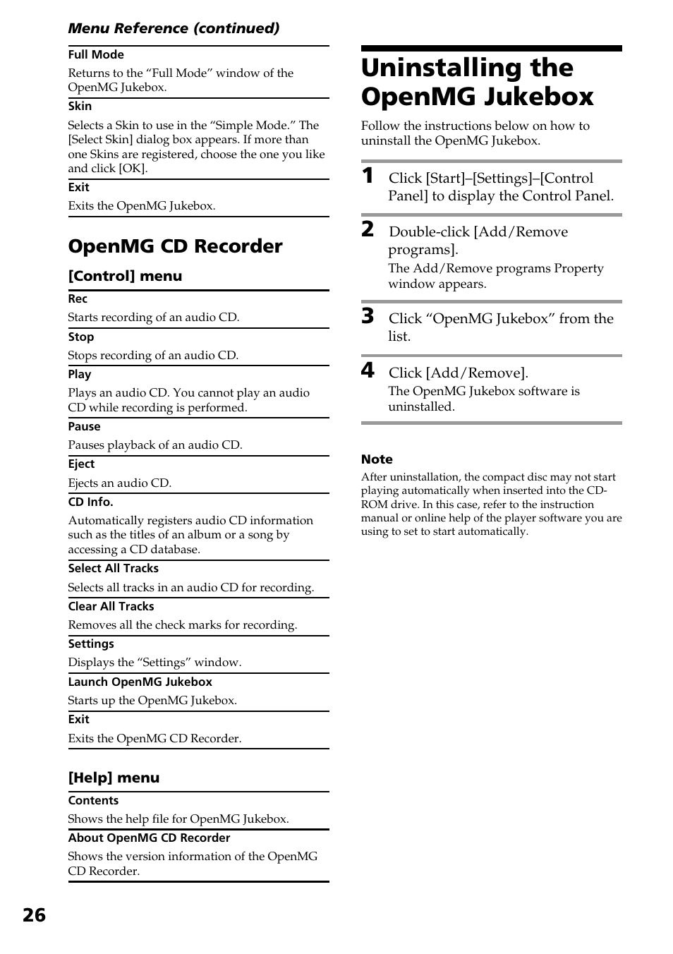 Openmg cd recorder, Uninstalling the openmg jukebox | Sony NW-E2 User Manual | Page 26 / 36