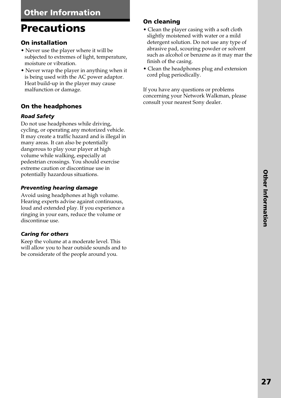 Other information, Precautions, 27 other information | Sony NW-E2 User Manual | Page 27 / 36