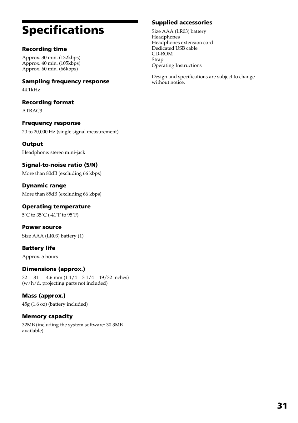 Specifications | Sony NW-E2 User Manual | Page 31 / 36