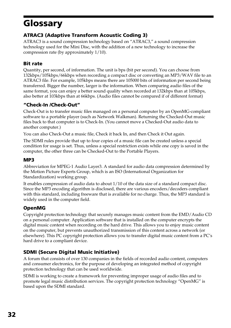 Glossary | Sony NW-E2 User Manual | Page 32 / 36