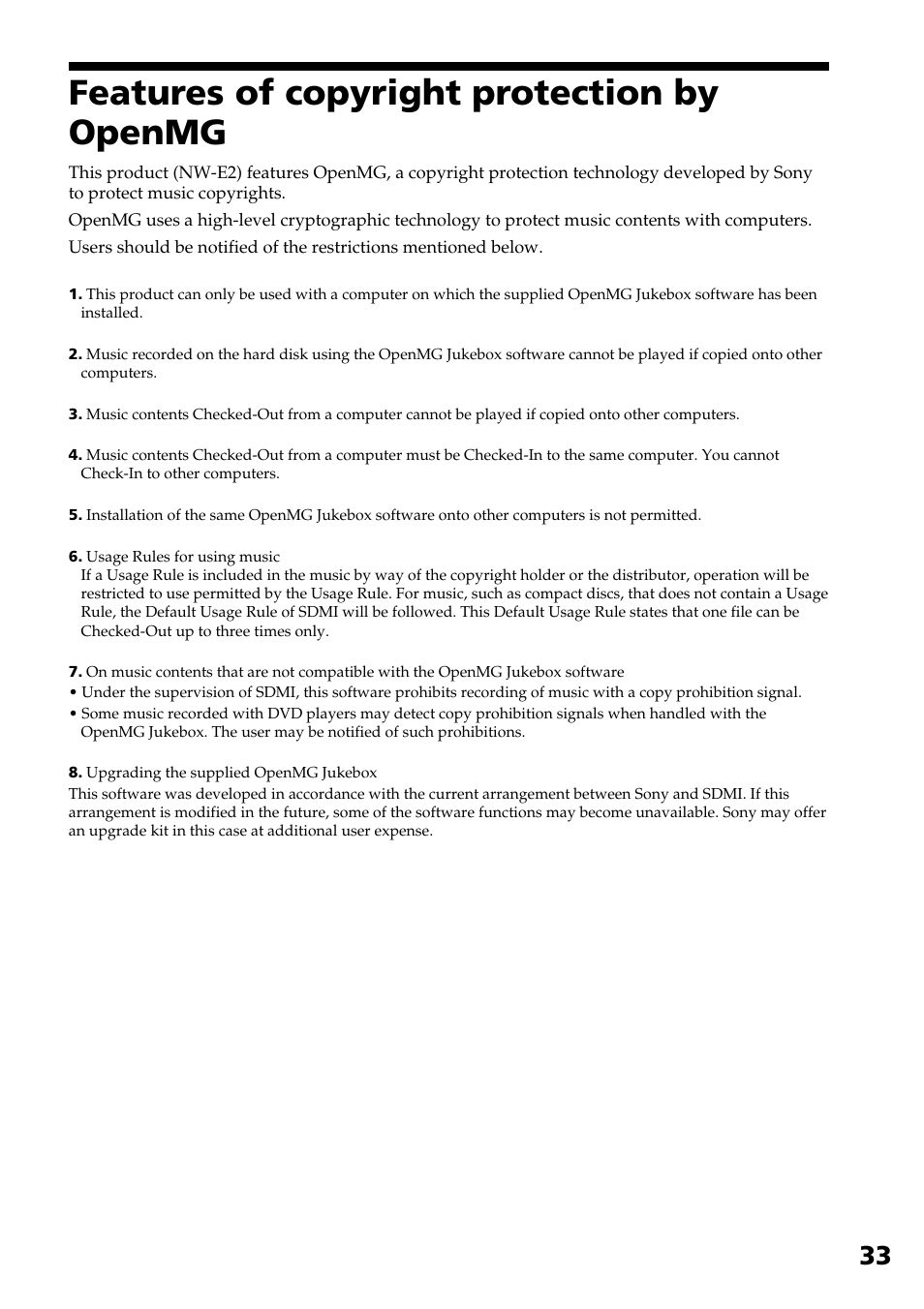 Features of copyright protection by openmg | Sony NW-E2 User Manual | Page 33 / 36
