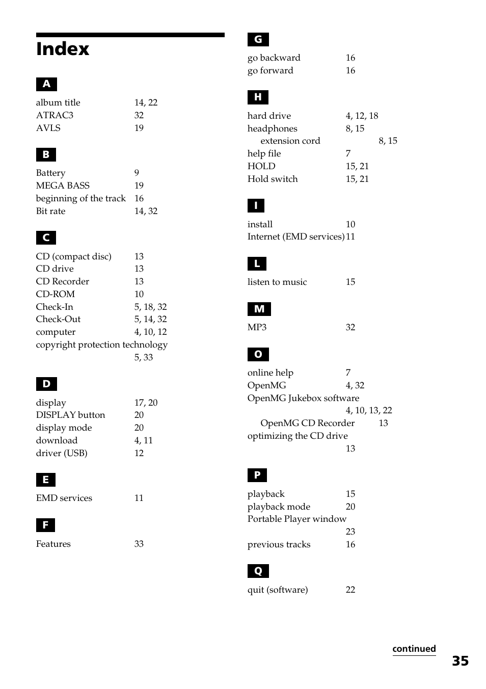 Index | Sony NW-E2 User Manual | Page 35 / 36