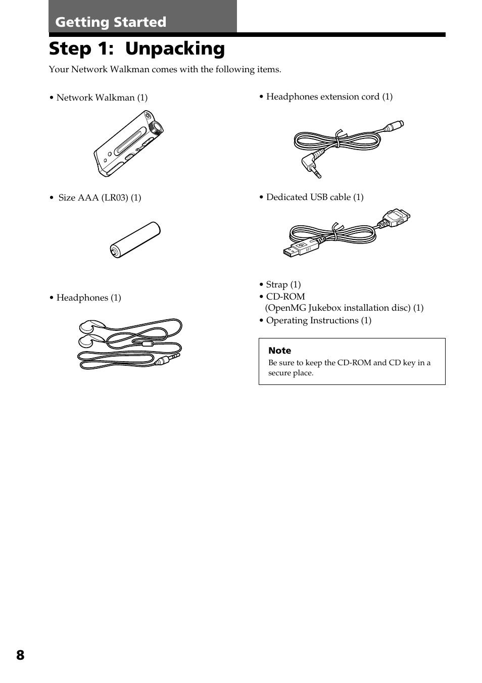 Getting started, Step 1: unpacking, 8getting started | Sony NW-E2 User Manual | Page 8 / 36
