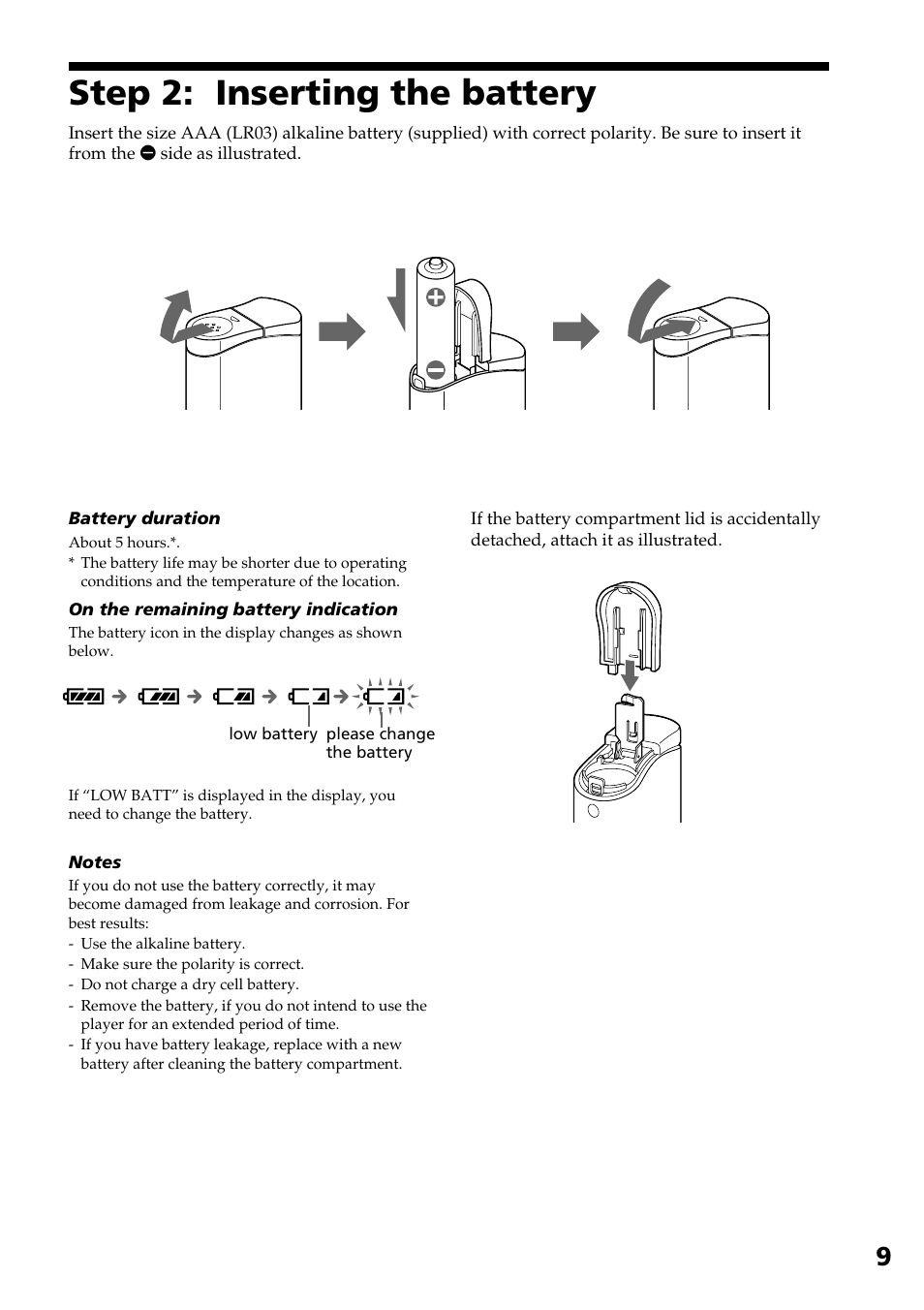 Step 2: inserting the battery | Sony NW-E2 User Manual | Page 9 / 36