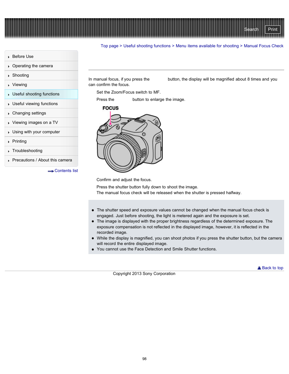 Manual focus check, Cyber-shot user guide | Sony DSC-HX300 User Manual | Page 105 / 252