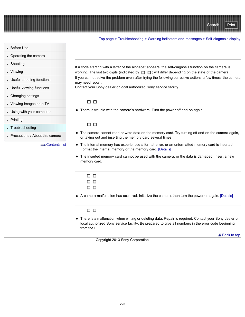 Self-diagnosis display, Cyber-shot user guide | Sony DSC-HX300 User Manual | Page 230 / 252