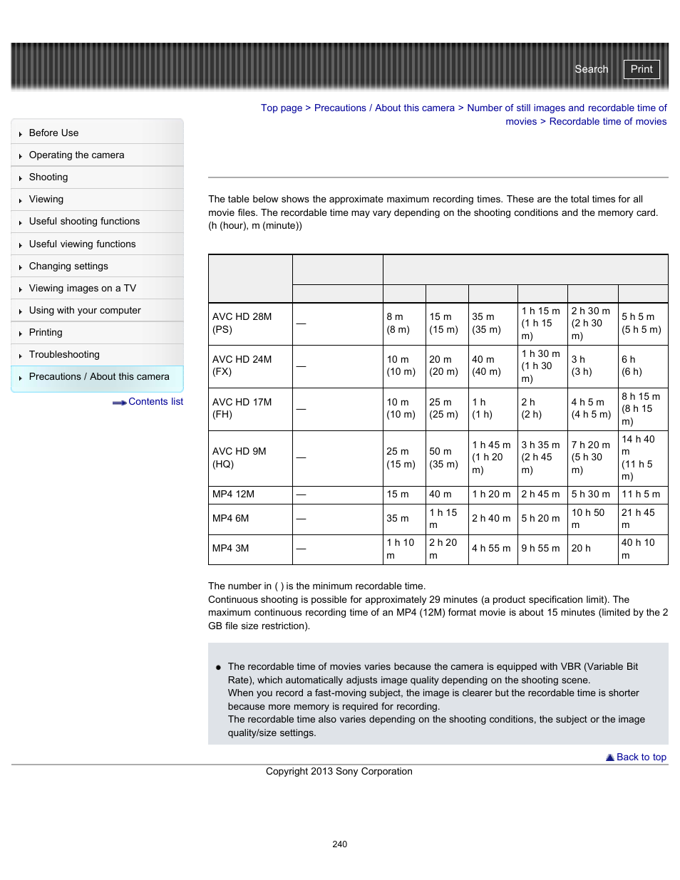 Recordable time of movies, Cyber-shot user guide | Sony DSC-HX300 User Manual | Page 247 / 252