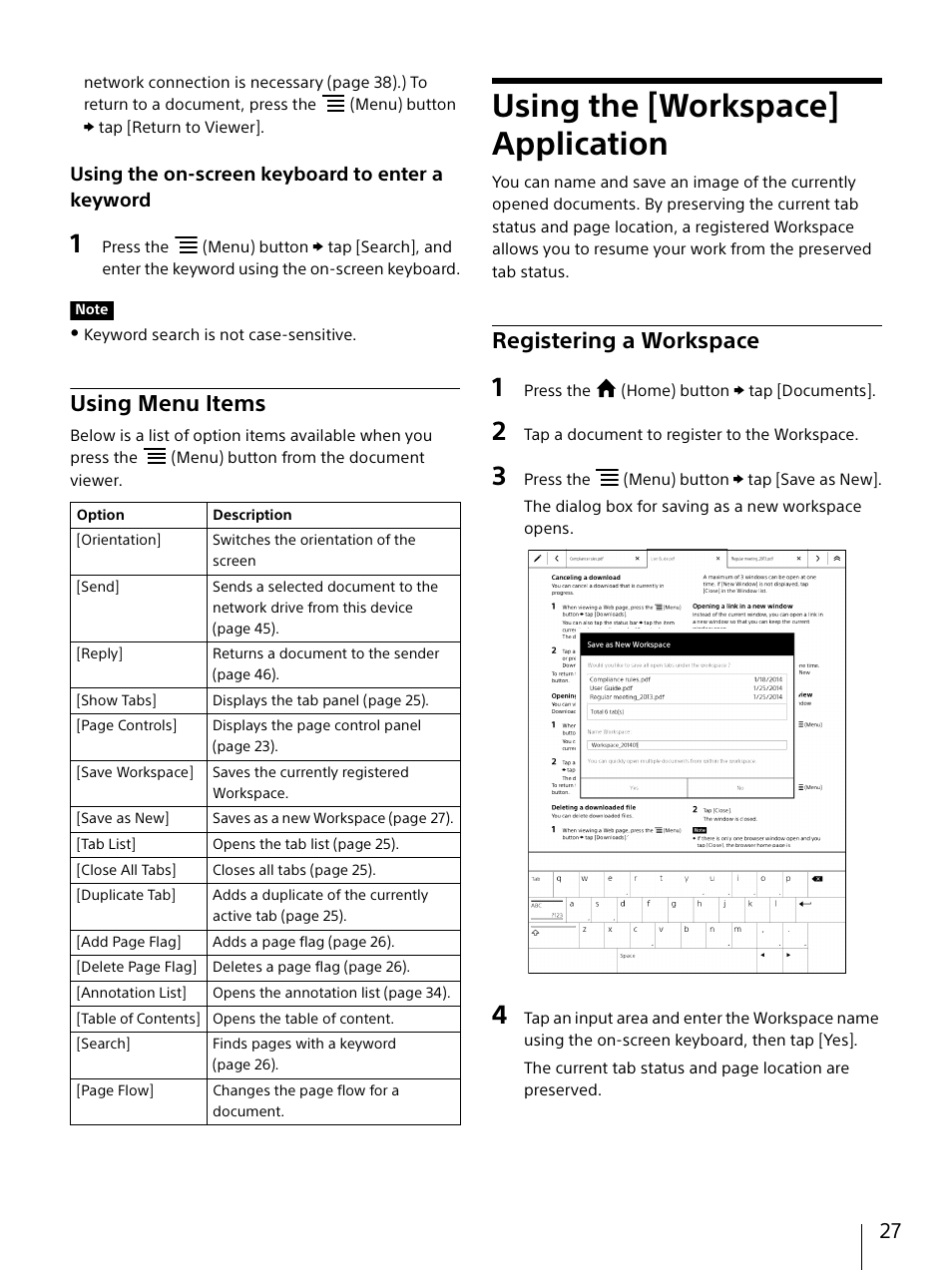 Using menu items, Using the [workspace] application, Registering a workspace | Sony DPT-S1 User Manual | Page 27 / 67