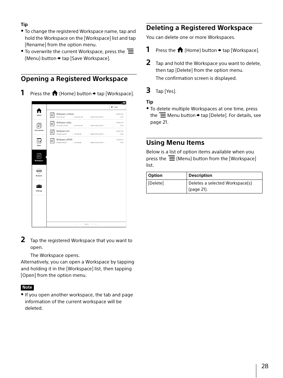Opening a registered workspace, Deleting a registered workspace, Using menu items | Sony DPT-S1 User Manual | Page 28 / 67