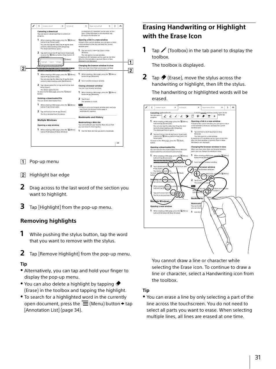 Erasing handwriting or highlight with the, Erase icon | Sony DPT-S1 User Manual | Page 31 / 67