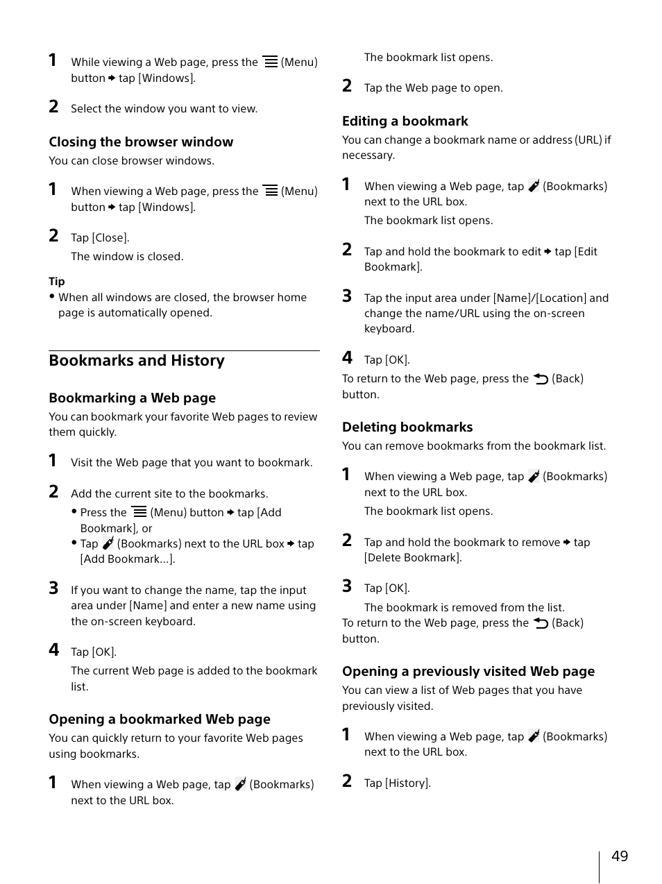Bookmarks and history | Sony DPT-S1 User Manual | Page 49 / 67