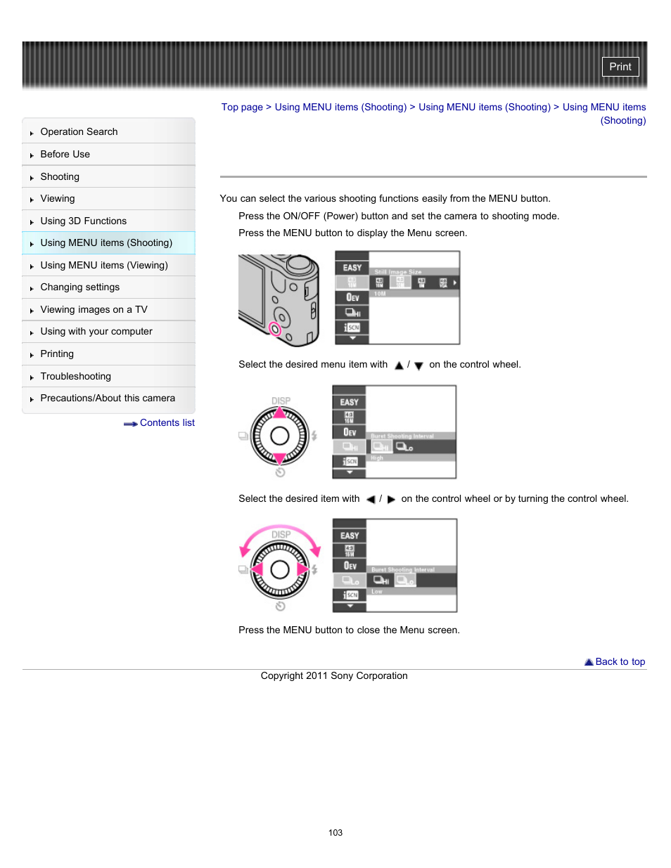 Using menu items (shooting) | Sony DSC-HX7V User Manual | Page 103 / 271