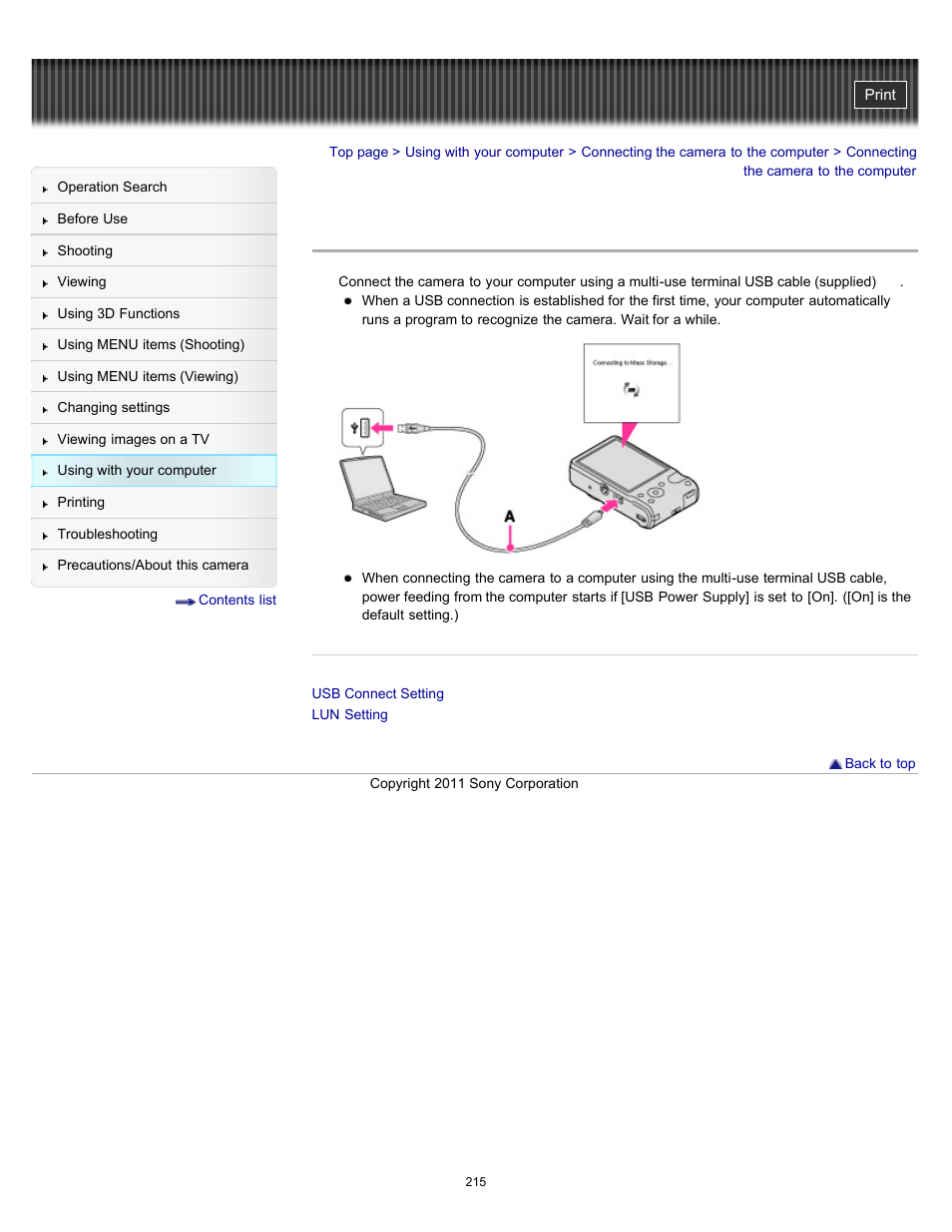 Connecting the camera to the computer | Sony DSC-HX7V User Manual | Page 215 / 271