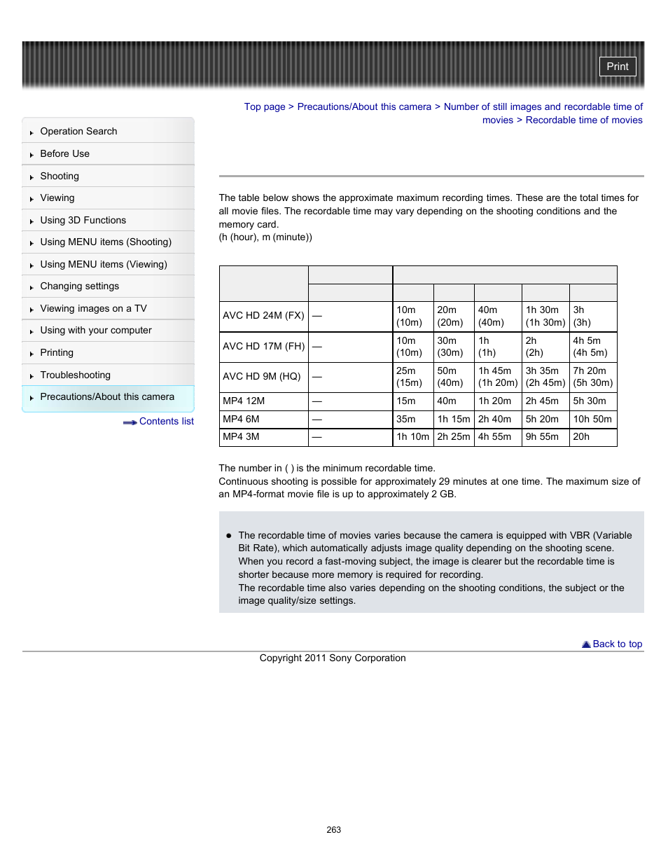 Recordable time of movies | Sony DSC-HX7V User Manual | Page 263 / 271