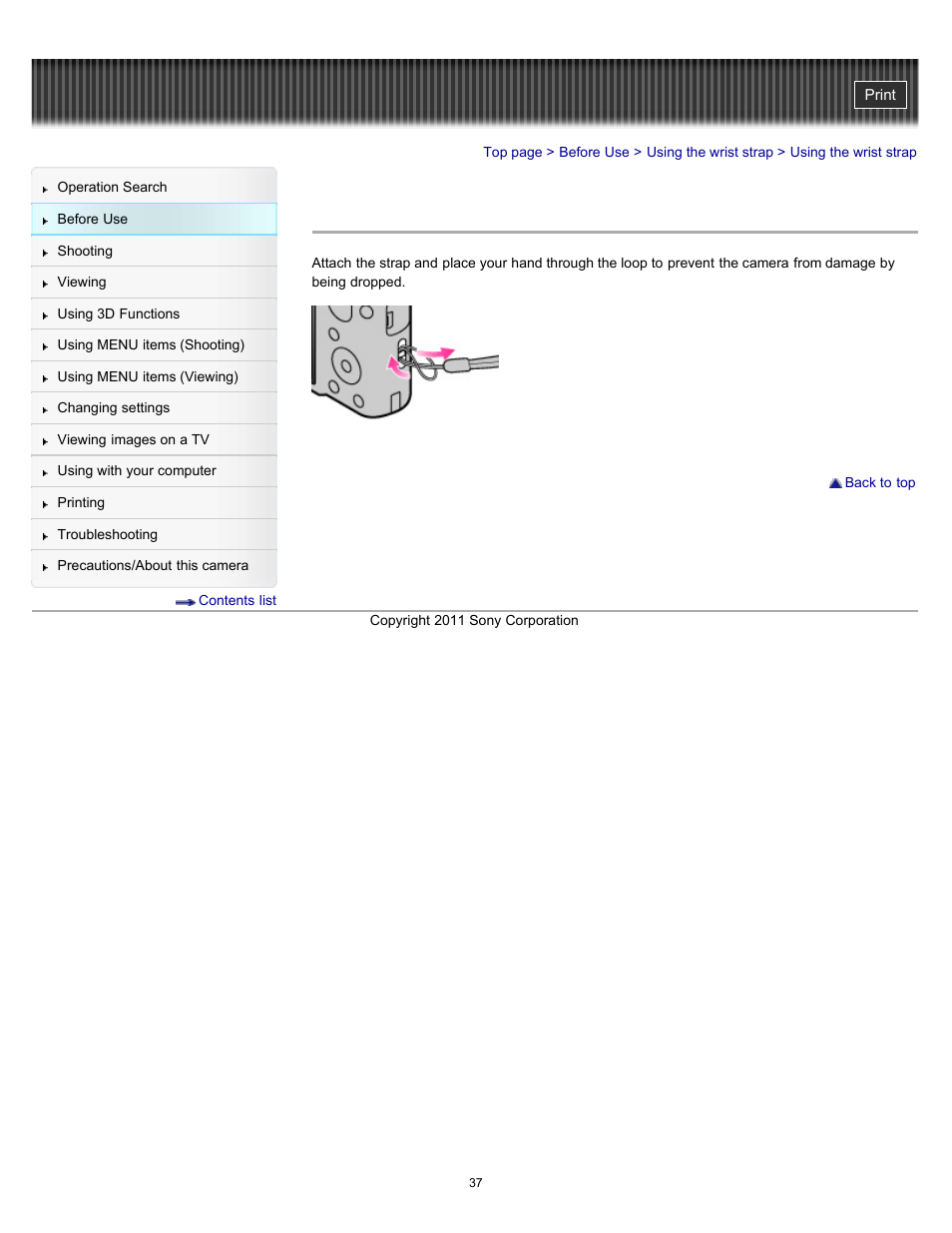 Using the wrist strap | Sony DSC-HX7V User Manual | Page 37 / 271