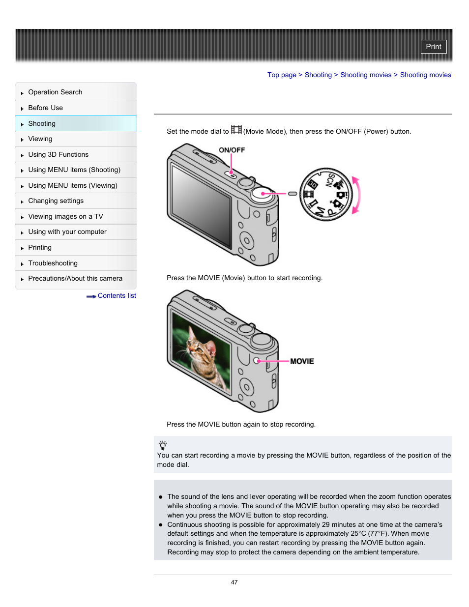 Shooting movies | Sony DSC-HX7V User Manual | Page 47 / 271