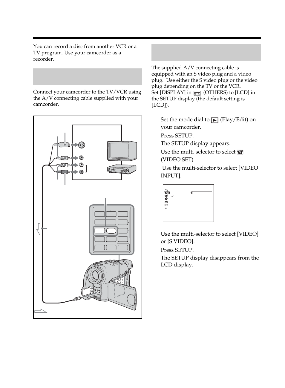 Dubbing a tv program or video tape onto a disc, Connecting your camcorder to a tv or a vcr, Dubbing a tv program or video tape | Onto a disc connecting your camcorder to a tv, Or a vcr, Selecting the video jack to be used, On the tv or the vcr | Sony DCR-DVD101 User Manual | Page 108 / 148