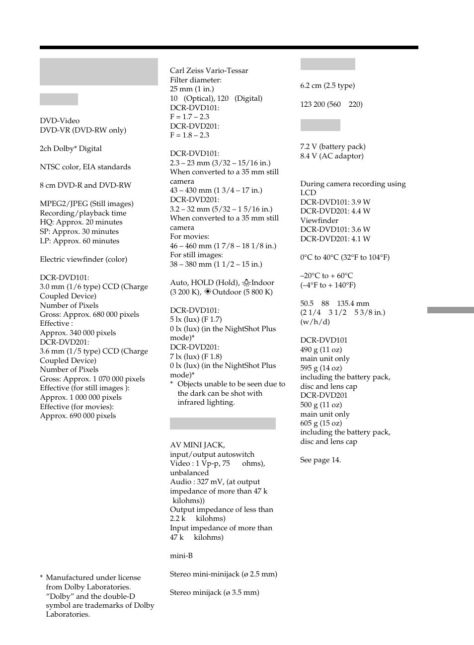 Specifications, Video camera recorder | Sony DCR-DVD101 User Manual | Page 135 / 148