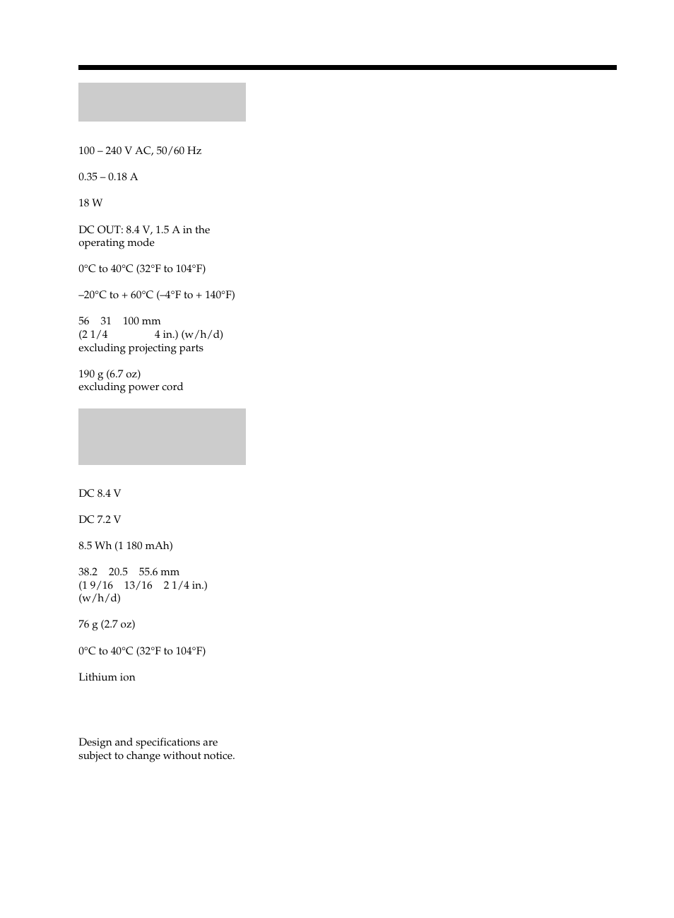 Specifications ac adaptor ac-l15a/l15b, Rechargeable battery pack np-fm50 | Sony DCR-DVD101 User Manual | Page 136 / 148
