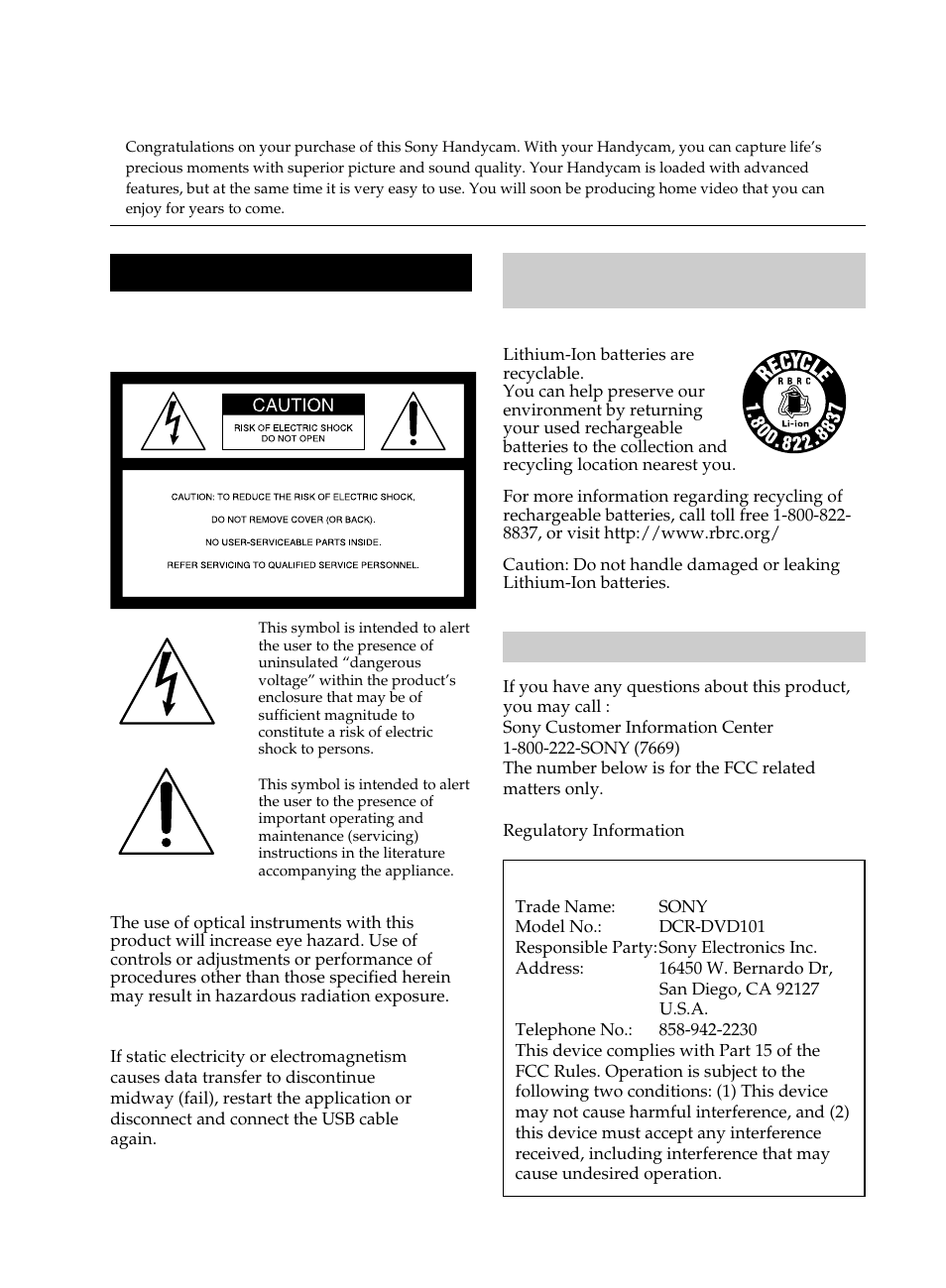 Warning | Sony DCR-DVD101 User Manual | Page 2 / 148