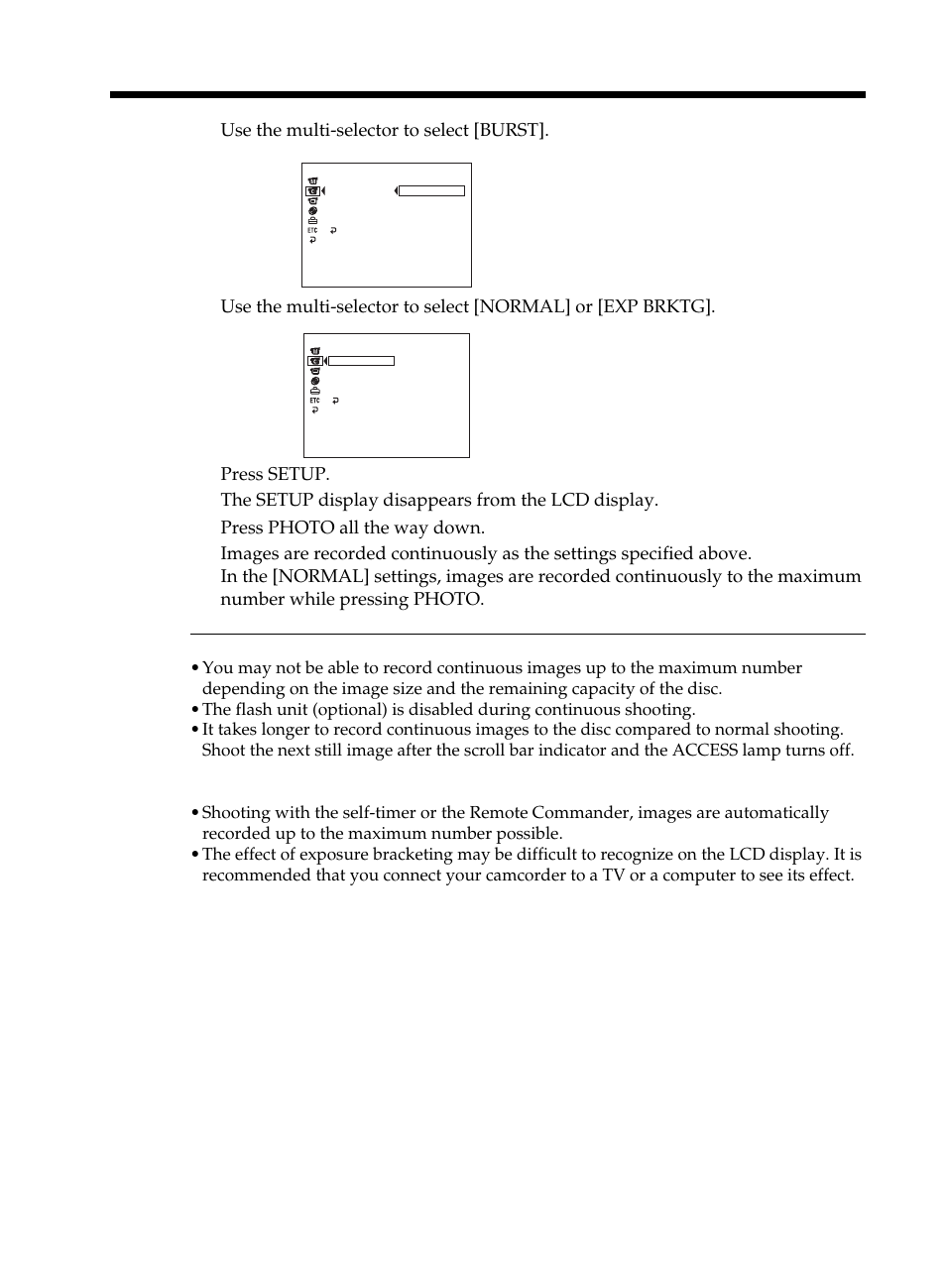 Shooting still images, Use the multi-selector to select [burst | Sony DCR-DVD101 User Manual | Page 42 / 148