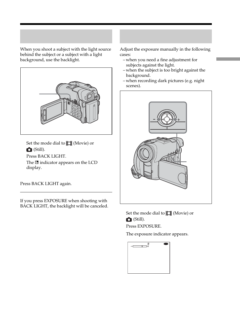 Adjusting the exposure, Adjusting the exposure manually, Adjusting the exposure for backlit | Subjects – back light, Manually | Sony DCR-DVD101 User Manual | Page 43 / 148