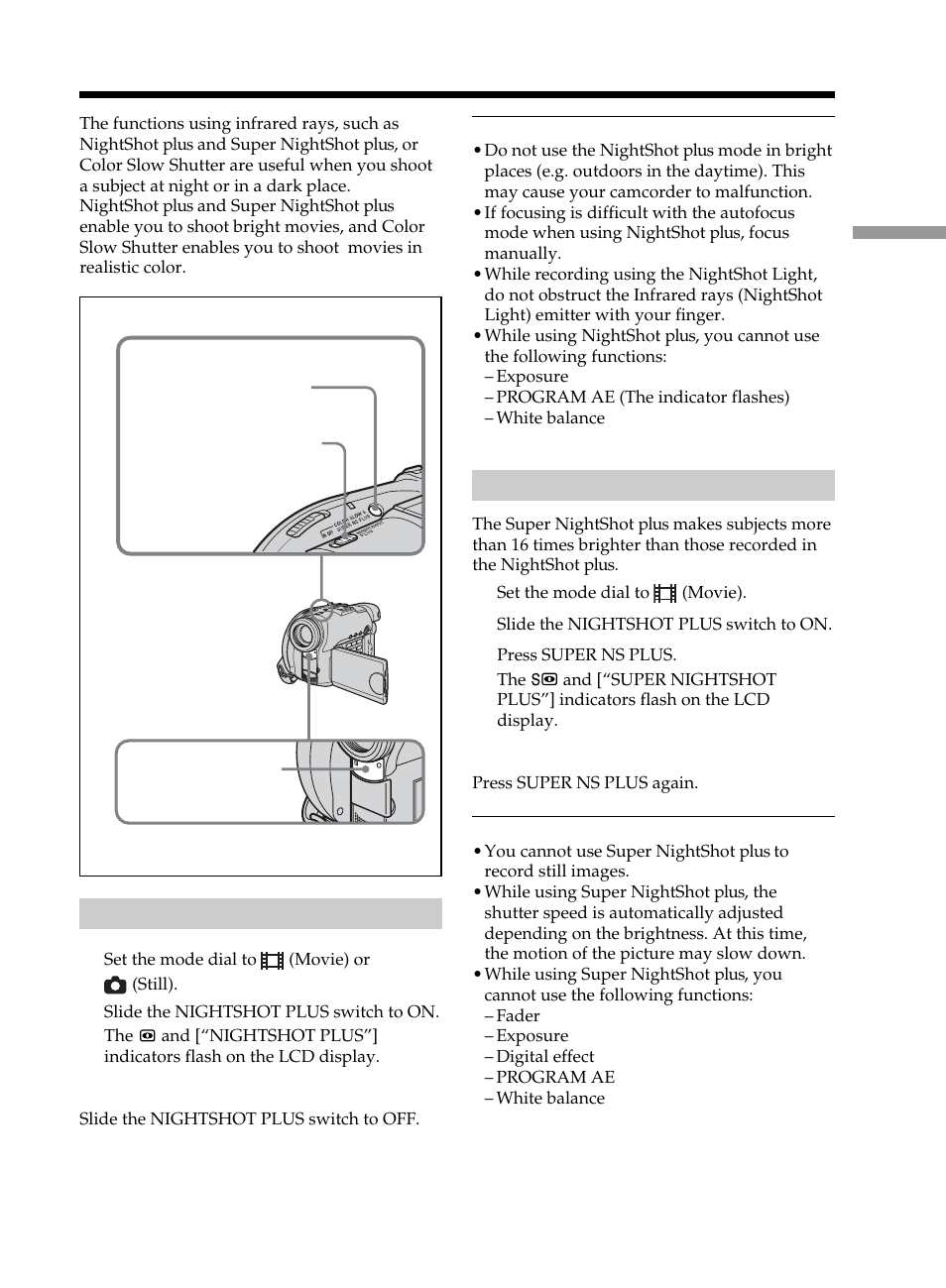 Shooting in the dark – nightshot plus, etc, Using nightshot plus, Using super nightshot plus | Shooting in the dark – nightshot plus, Using nightshot plus using super nightshot plus | Sony DCR-DVD101 User Manual | Page 45 / 148