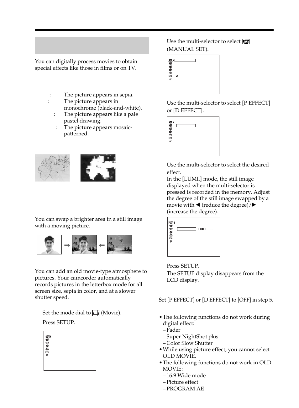 Using special effects, Picture effect/digital effect, Picture effect | Digital effect | Sony DCR-DVD101 User Manual | Page 54 / 148