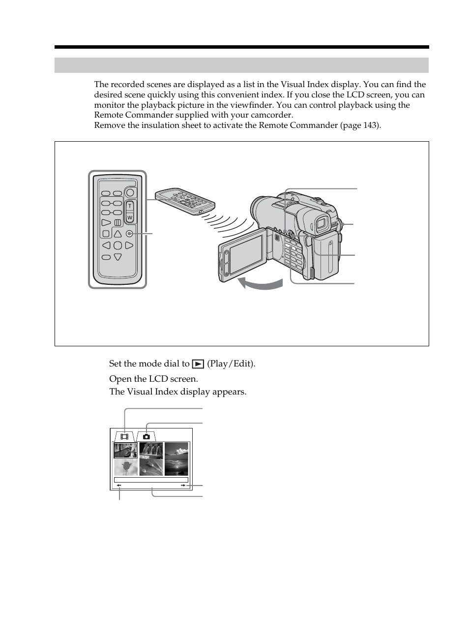 Viewing the recordings, Playing a disc on your camcorder, Choosing and viewing a recording – visual index | Choosing and viewing a recording, Visual index | Sony DCR-DVD101 User Manual | Page 56 / 148