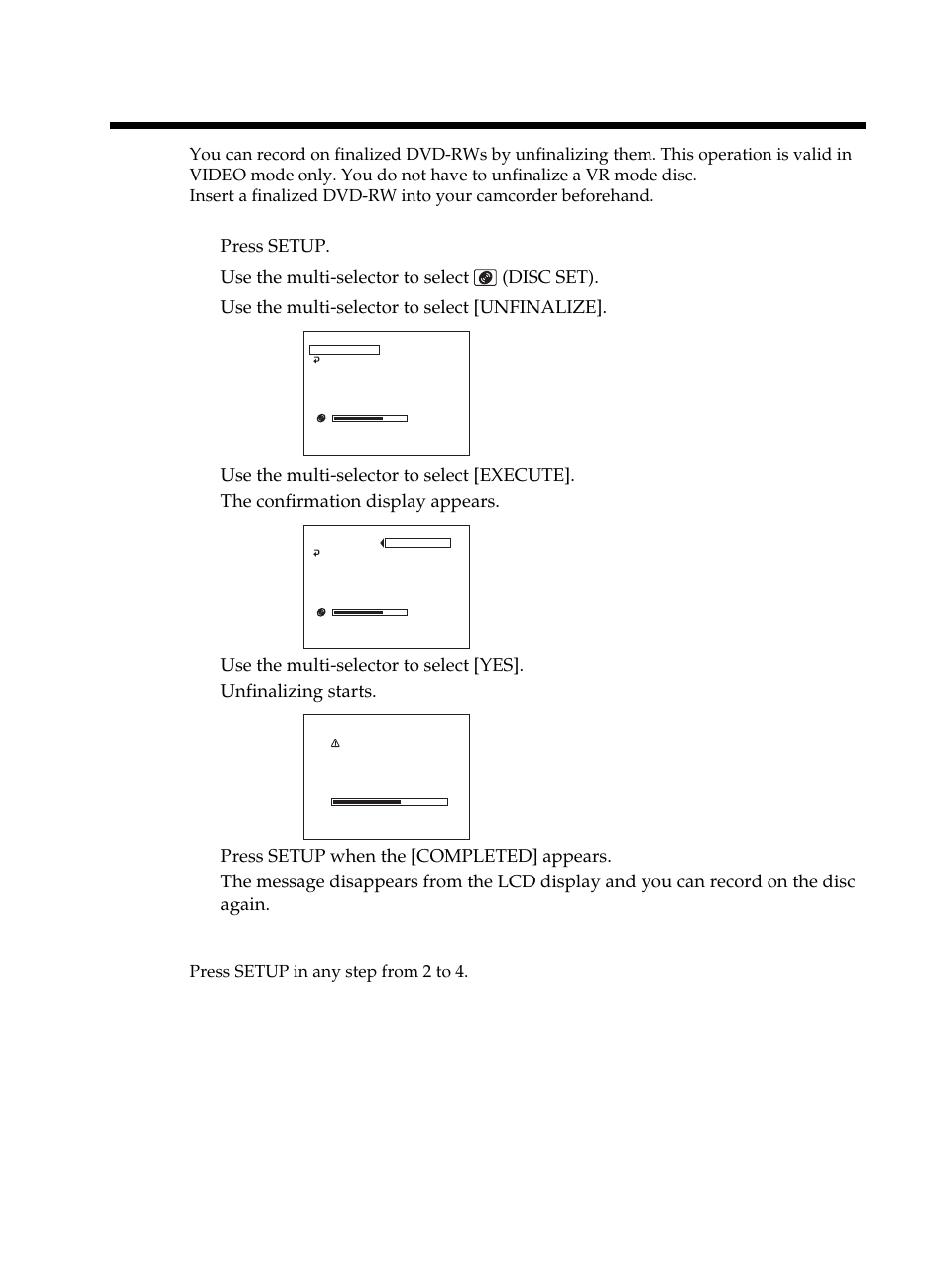 Recording on a finalized disc, Unfinalizing (video mode dvd-rws only), Recording on a finalized disc – unfinalizing | Video mode dvd-rws only) | Sony DCR-DVD101 User Manual | Page 72 / 148