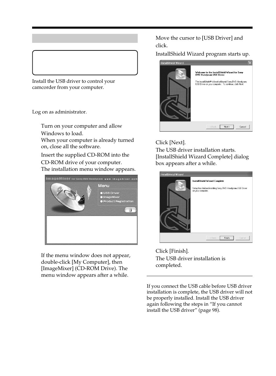 Installing the usb driver | Sony DCR-DVD101 User Manual | Page 92 / 148