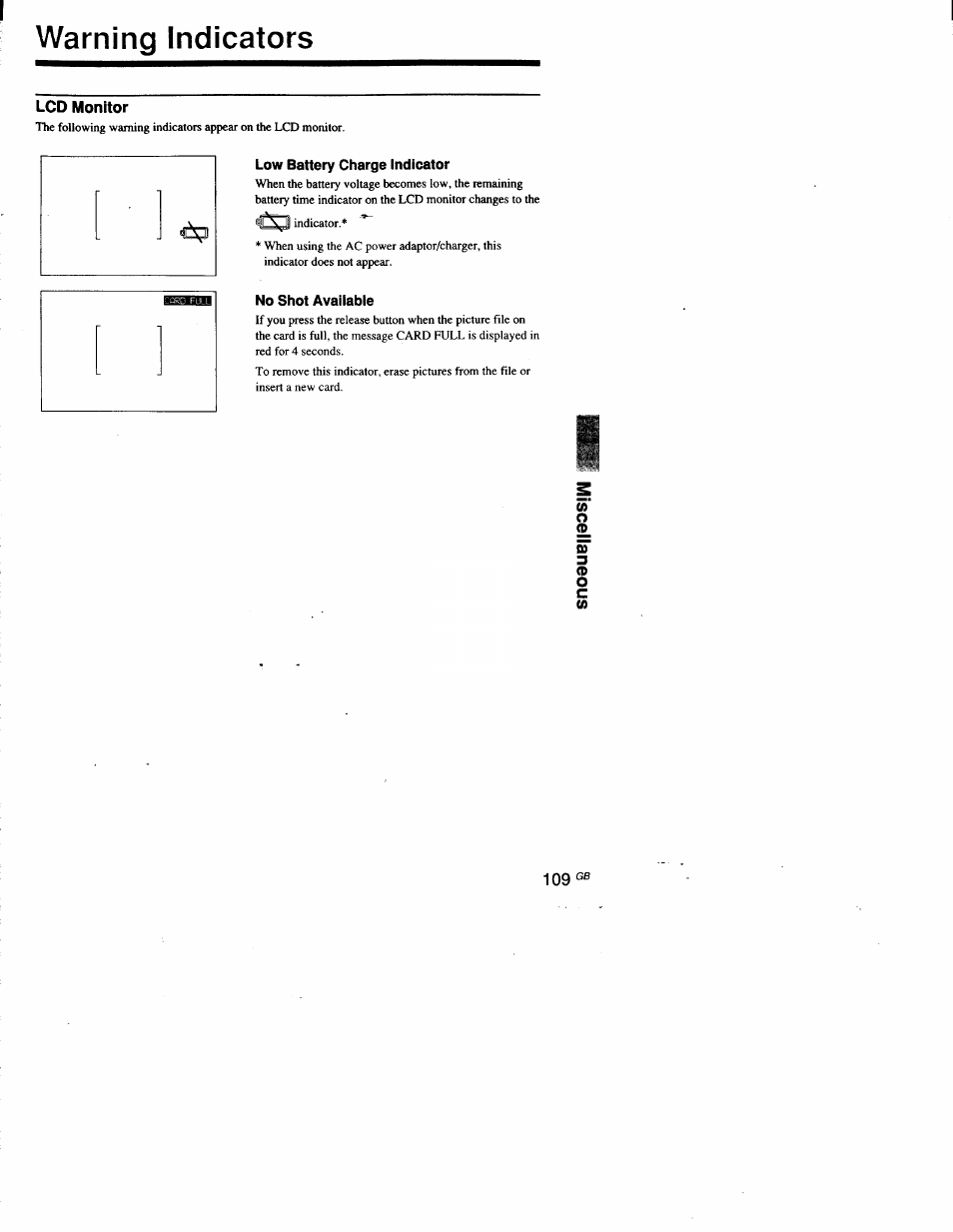 Warning indicators, Lcd monitor, Low battery charge indicator | No shot available | Sony DSC-D700 User Manual | Page 109 / 118