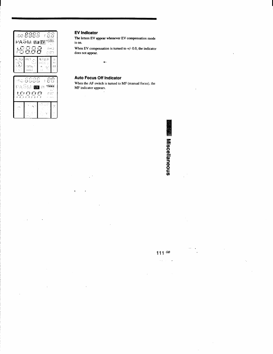 Ev indicator, Auto focus off indicator | Sony DSC-D700 User Manual | Page 111 / 118