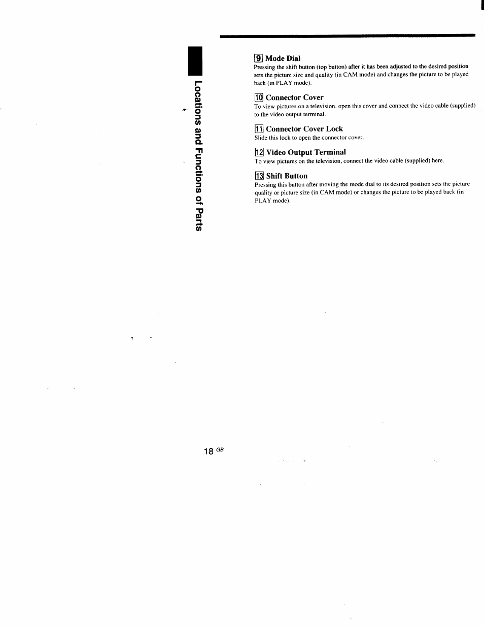 9] mode dial, 53 connector cover, 55] connector cover lock | 511 video output terminal, 51 shift button | Sony DSC-D700 User Manual | Page 18 / 118