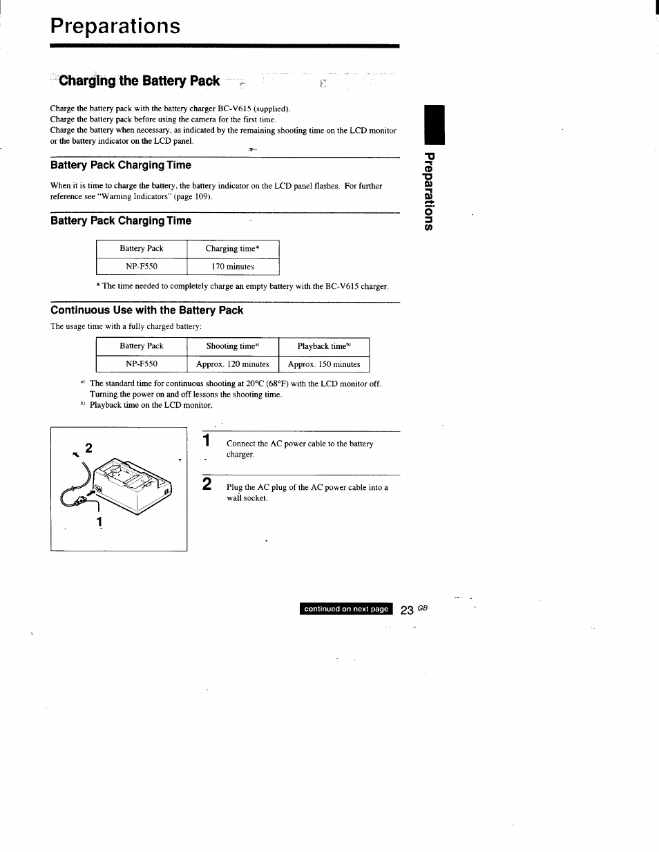 Preparations, Charging the battery pack, Battery pack charging time | Continuous use with the battery pack | Sony DSC-D700 User Manual | Page 23 / 118