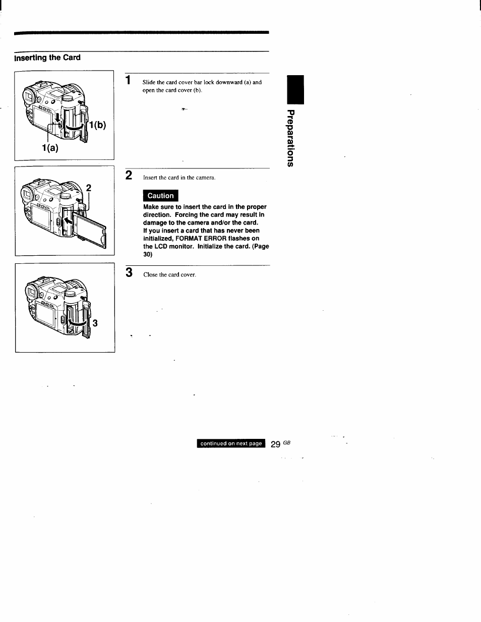 Inserting the card, Caution | Sony DSC-D700 User Manual | Page 29 / 118