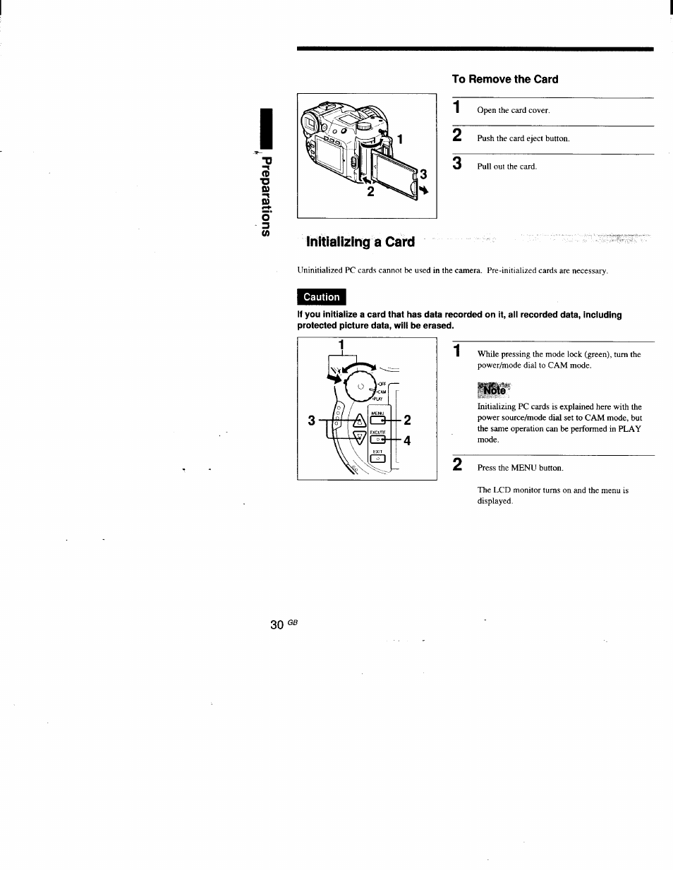To remove the card, Initializing a card, Caution | Note | Sony DSC-D700 User Manual | Page 30 / 118