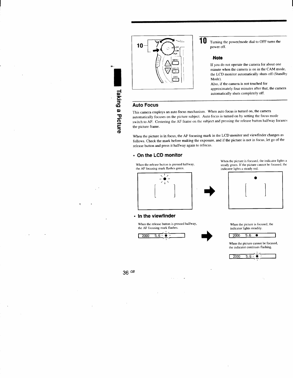 Note, Auto focus, On the lcd monitor | In the viewfinder | Sony DSC-D700 User Manual | Page 36 / 118